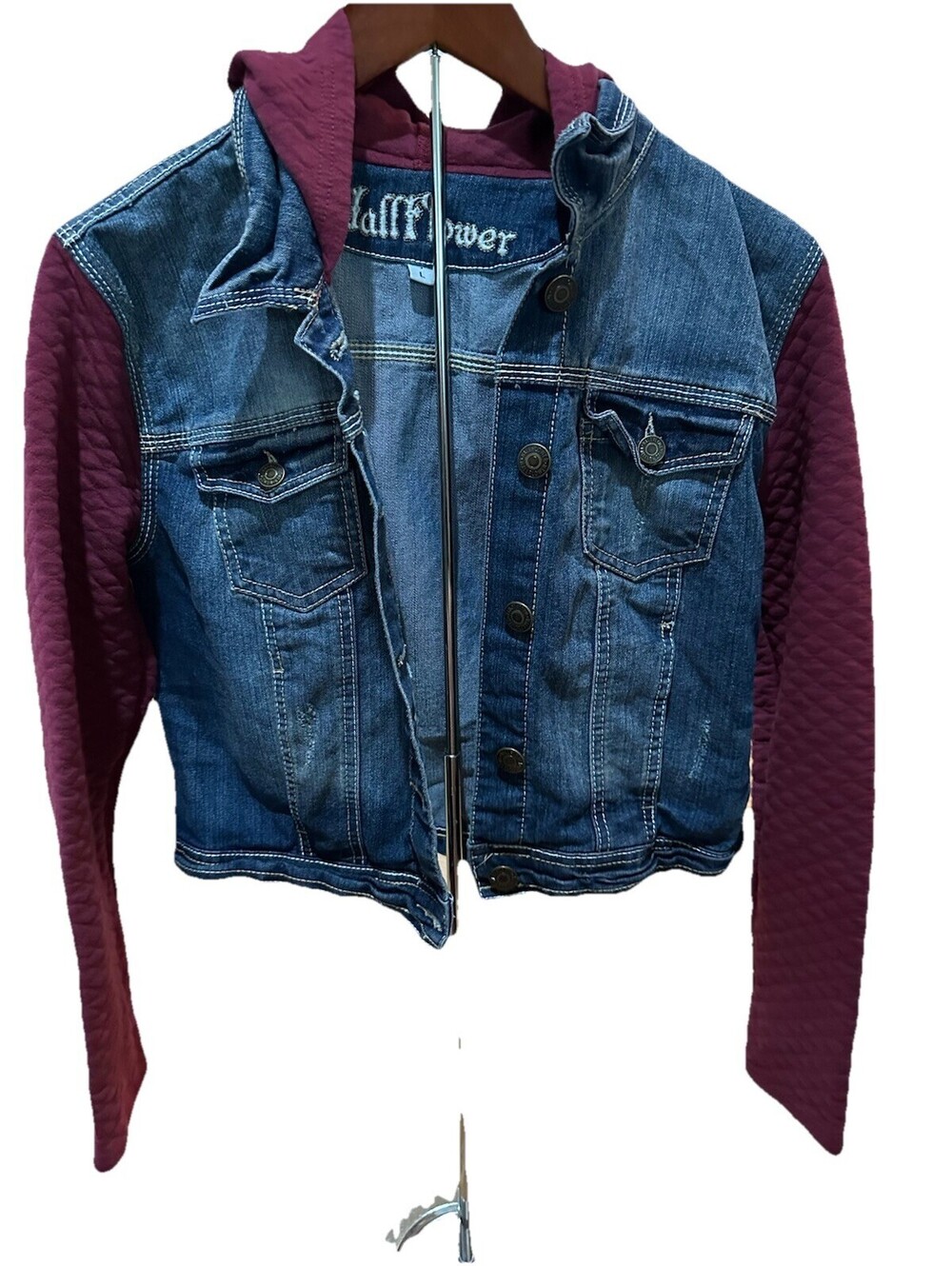WallFlower Hooded Denim Jacket Womens Large Quilted Sleeve Jean